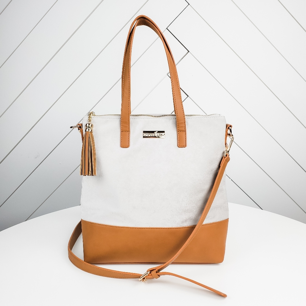 Gray Microsuede & Vegan Leather Handbag White Elm